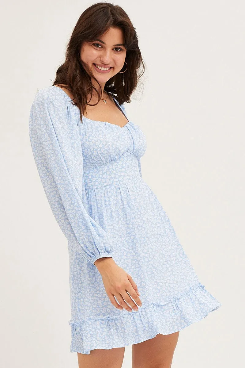 Seamless construction Urban Beat Daisy Print Long Sleeve A-Line Mini Dress