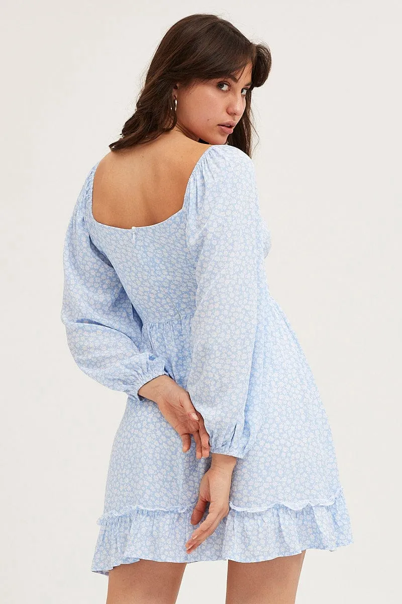 Daisy Print Long Sleeve A-Line Mini Dress Urban Style