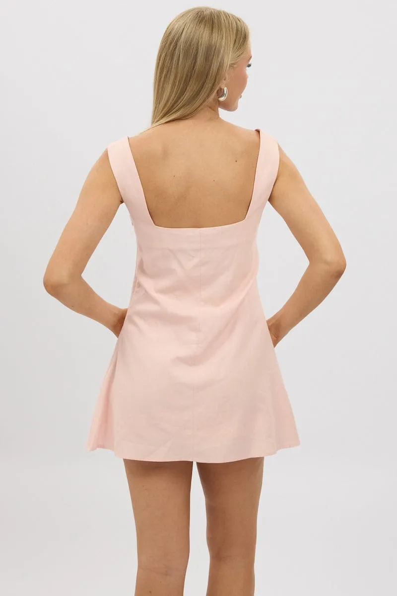 Pink Mini Dress Square Neck Mini Ribbon Detail Subtle Texture