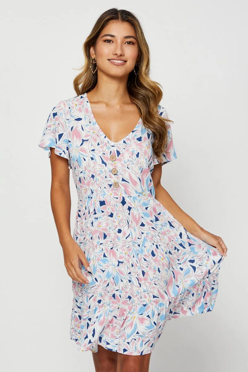 Print Mini Dress Short Sleeve Square Neck Relaxed Design