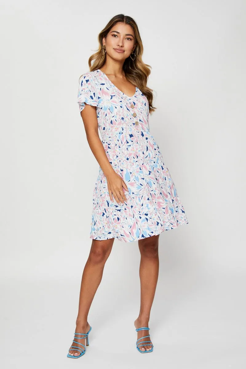 Print Mini Dress Short Sleeve Square Neck Minimal Seam