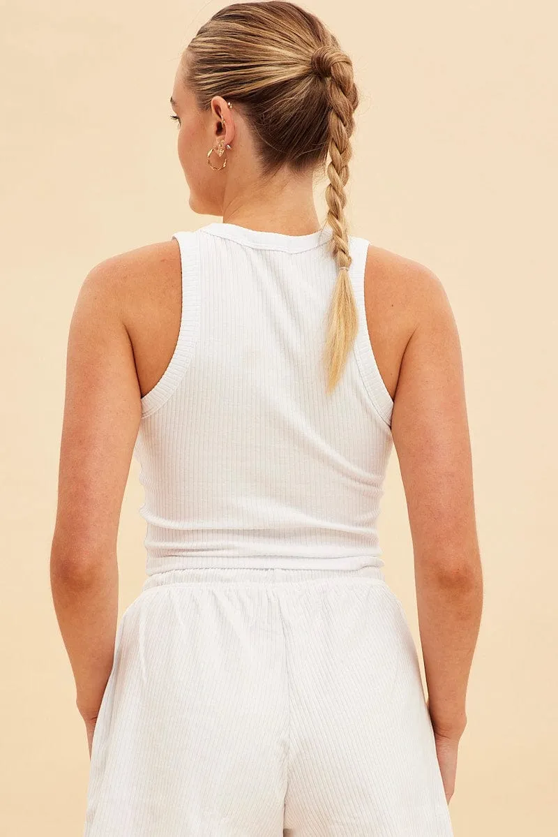 Hero Mode Simple Fashion White Prea Scoop Neck Crop Rib Sleeveless Tank