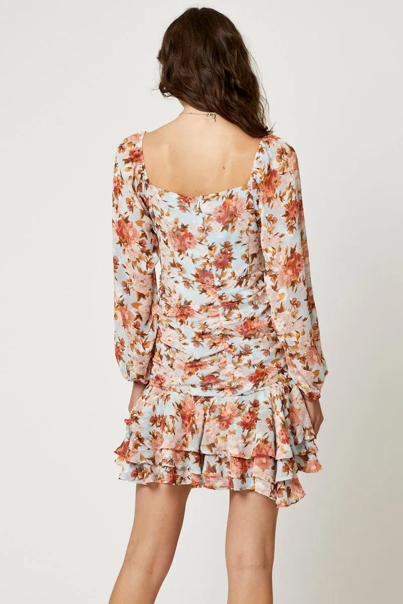 Design Glow Print Long Sleeve Pleat Detail Skater Dress