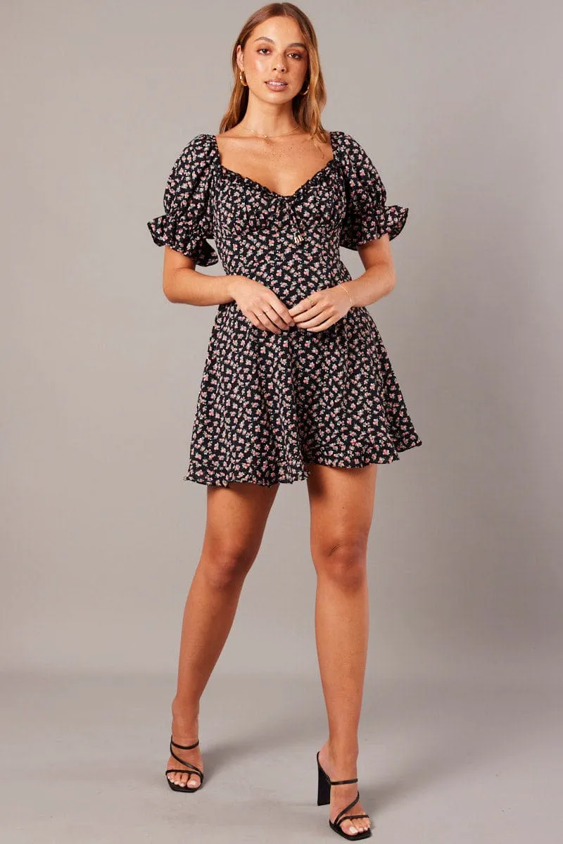 Black Floral Fit And Flare Dress Puff Sleeve FlexibleFit OdorResistant Material