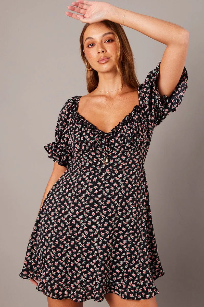 Campus Vibe Layered Shirt Black Floral Fit And Flare Dress Puff Sleeve