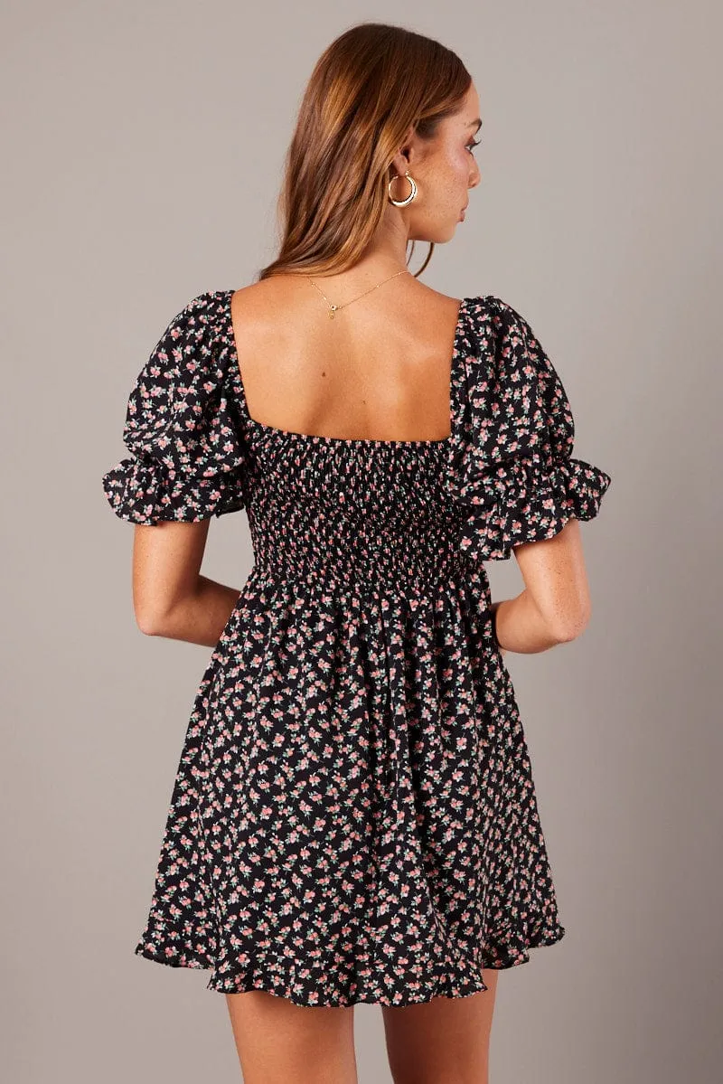 Black Floral Fit And Flare Dress Puff Sleeve Street Icon