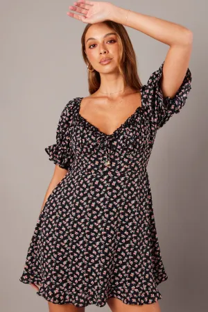 Campus Vibe Layered Shirt Black Floral Fit And Flare Dress Puff Sleeve