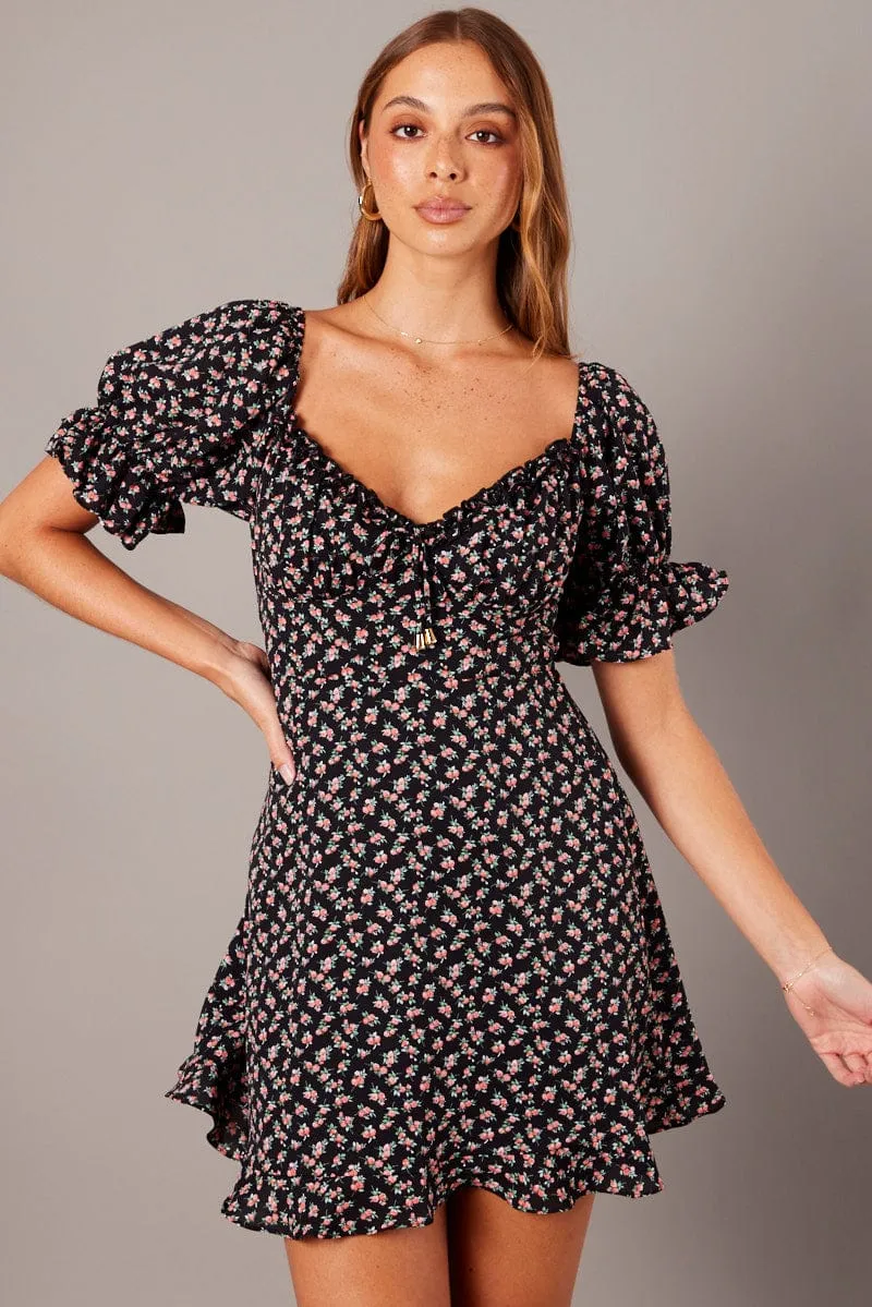PressureRelief Seams Black Floral Fit And Flare Dress Puff Sleeve