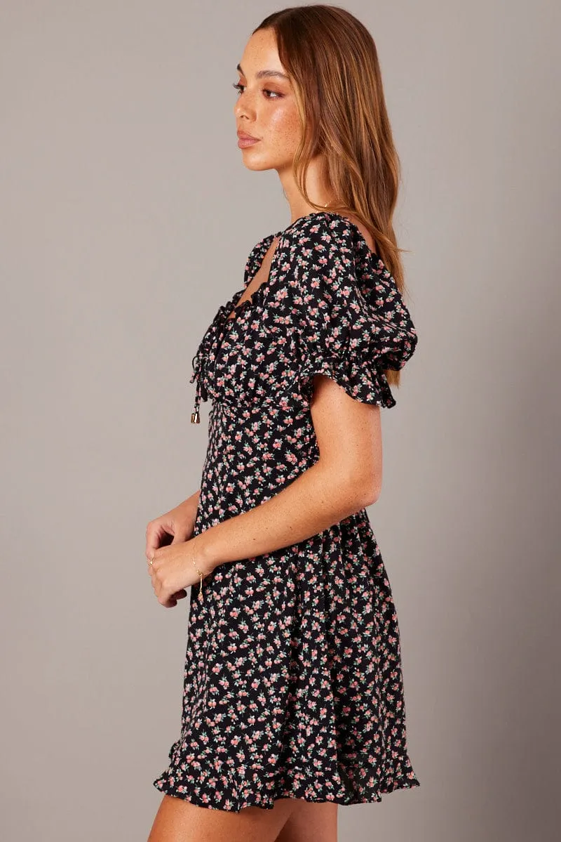 HighElasticity Smart Look Black Floral Fit And Flare Dress Puff Sleeve