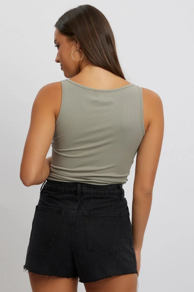 Green Boat Neck Tank Top Rib QuickDry Material Brunch Fit