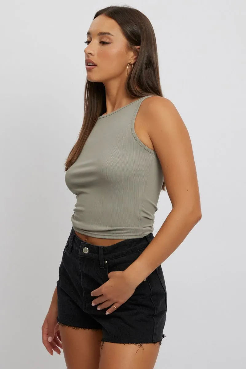 Classic Mode Green Boat Neck Tank Top Rib