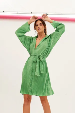 Green Plisse Shirt Dress Front Button Cozy Pajama Set