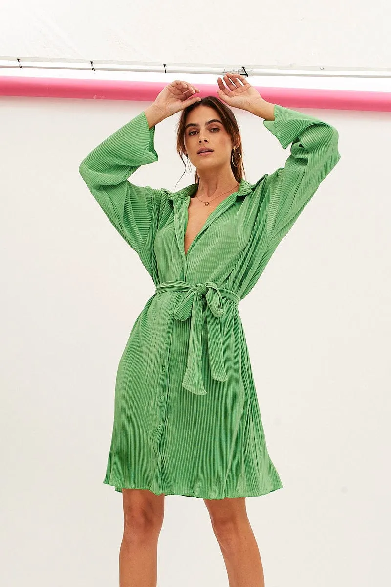 Green Plisse Shirt Dress Front Button Cozy Pajama Set