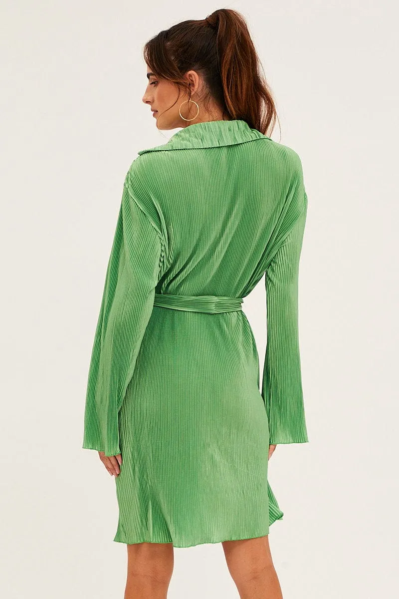 MinimalistStyle Insulated Outerwear Green Plisse Shirt Dress Front Button