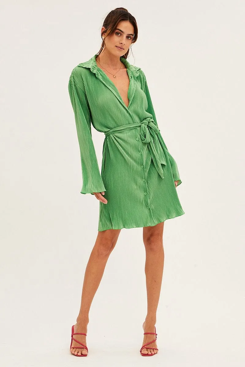 Green Plisse Shirt Dress Front Button River Flow