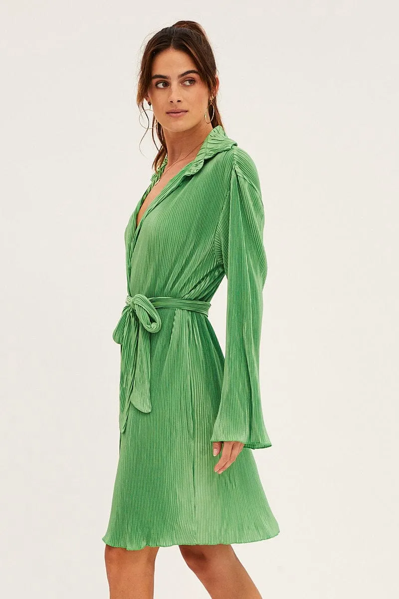 QuickDrying Material Green Plisse Shirt Dress Front Button