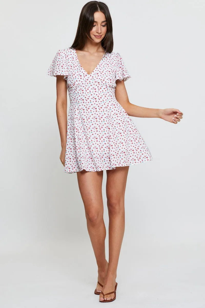 Print Fit And Flare Dress Short Sleeve V Neck Sustainable Wear Outdoor Comfort