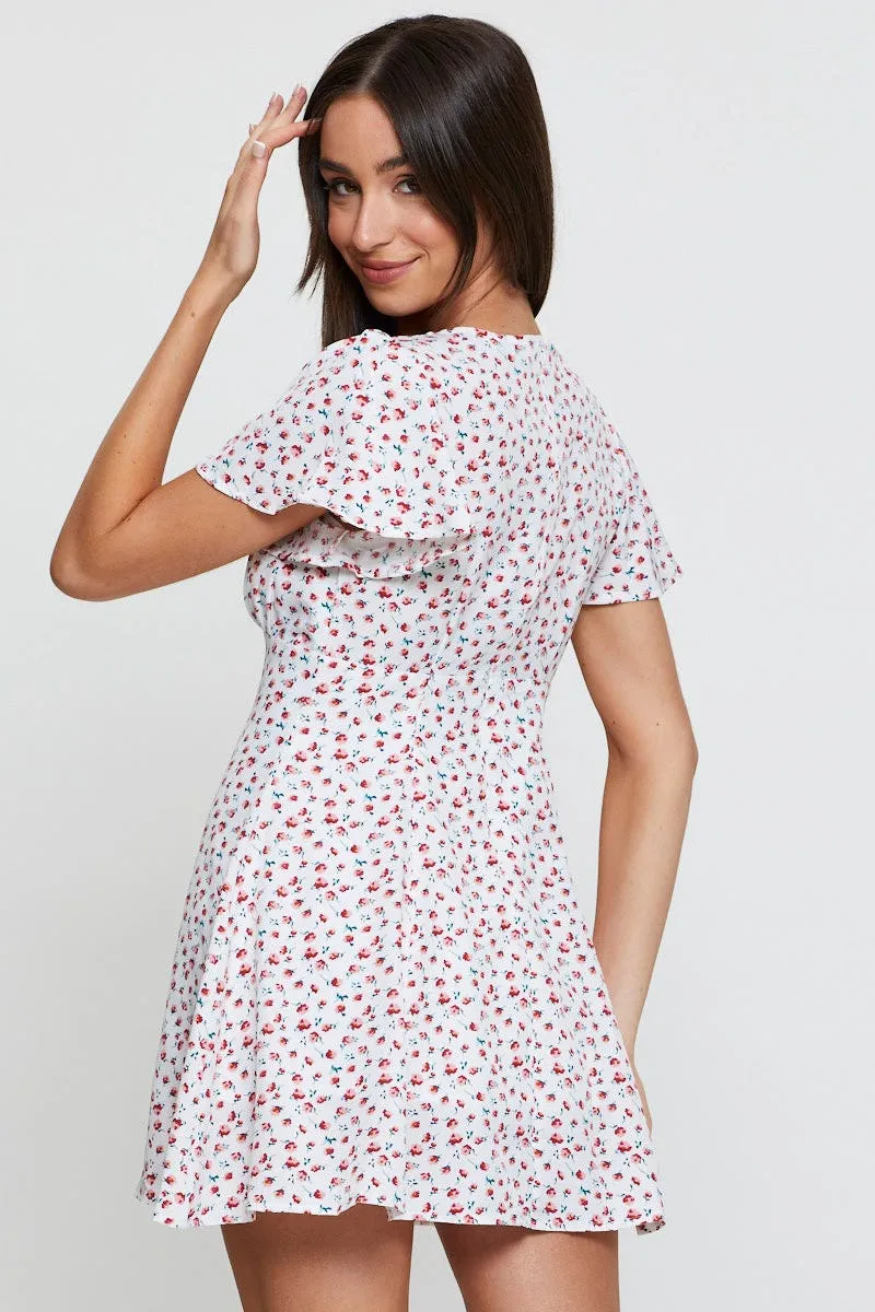 Print Fit And Flare Dress Short Sleeve V Neck HighNeckStyle