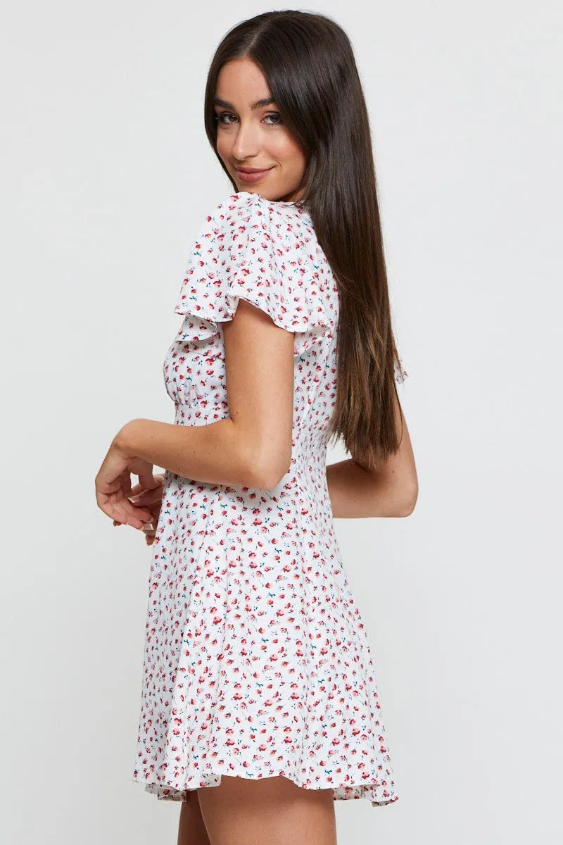 NonRestrictive Movement Outdoor Jacket Print Fit And Flare Dress Short Sleeve V Neck