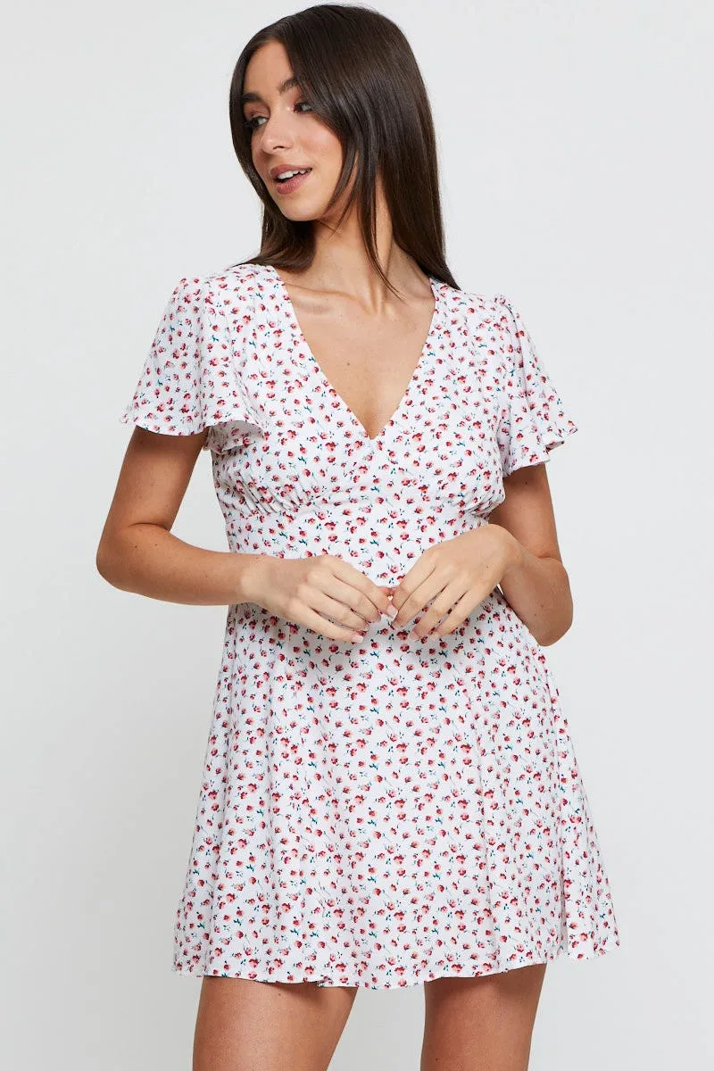 Breath Skin Print Fit And Flare Dress Short Sleeve V Neck