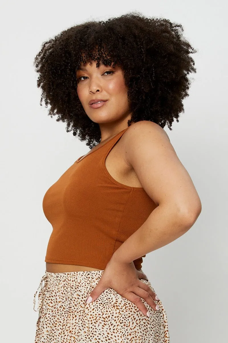 Beige Tank Top Round Neck Sleeveless Rib Crop Queen Glow