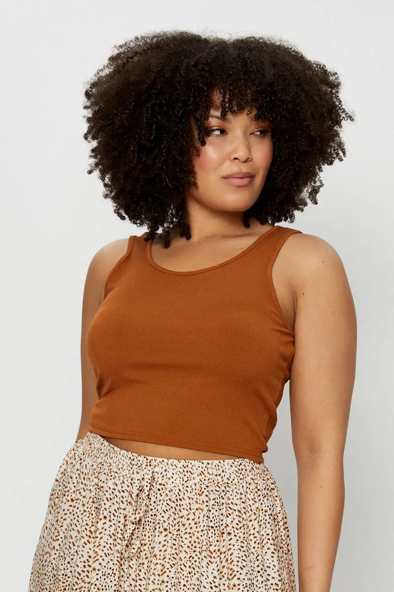 Beige Tank Top Round Neck Sleeveless Rib Crop FadeResistant Dye TemperatureRegulating