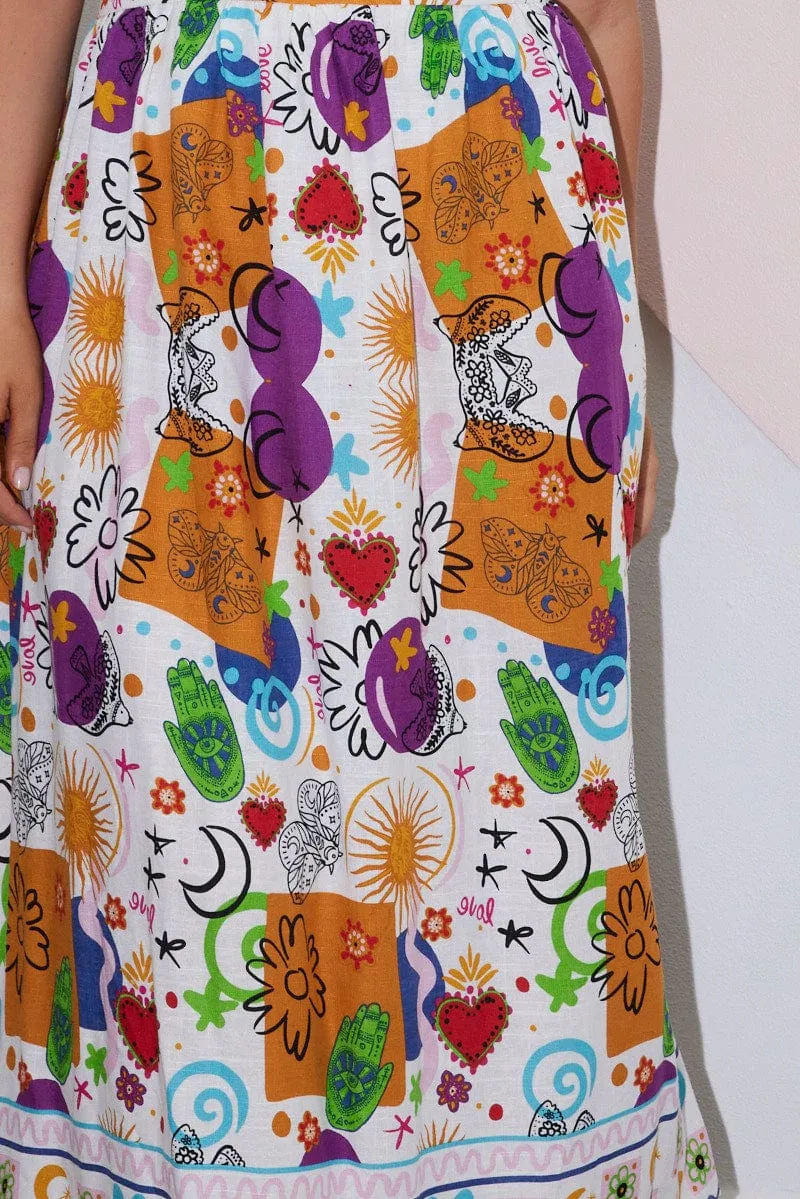 Multi Abstract Midi Dress Sleeveless Linen Blend Emerald Glow Airy Shape