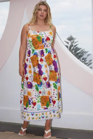 Mesh Breeze Multi Abstract Midi Dress Sleeveless Linen Blend