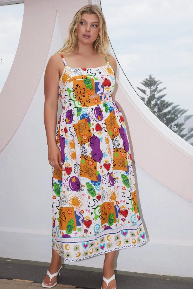 Resort Stay Multi Abstract Midi Dress Sleeveless Linen Blend