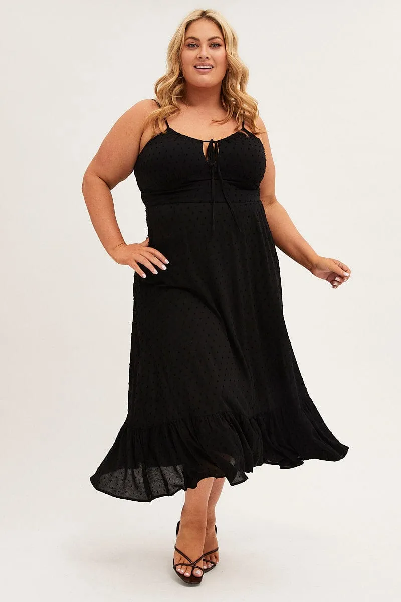 One Step Look Black Midi Dress Shoestring Strap Gather Bust Frill Hem