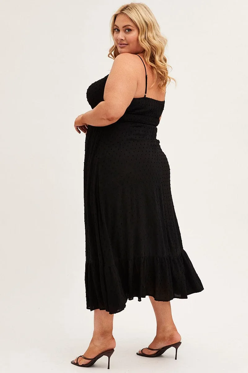 Black Midi Dress Shoestring Strap Gather Bust Frill Hem Sleek Silhouette