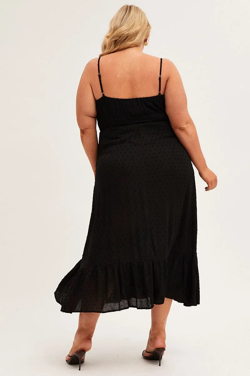 Black Midi Dress Shoestring Strap Gather Bust Frill Hem Flower Scent