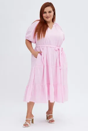 Versatile event piece Pink Midi Dress Tiered Notch Collar Belted