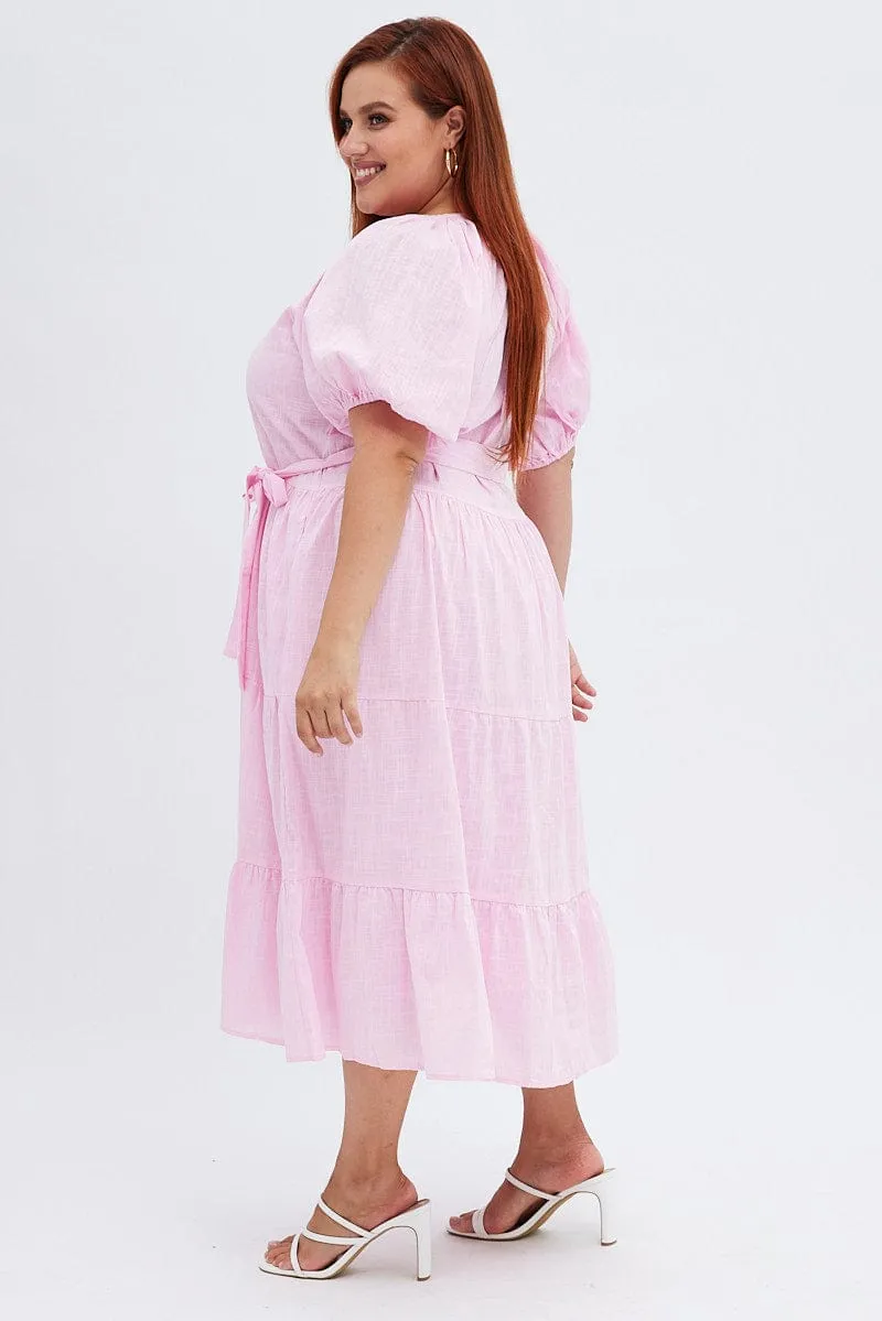 Pink Midi Dress Tiered Notch Collar Belted Vibrant Look