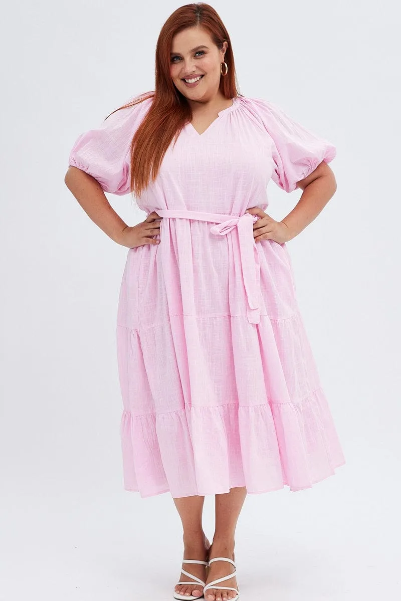 Pink Midi Dress Tiered Notch Collar Belted Haze Light
