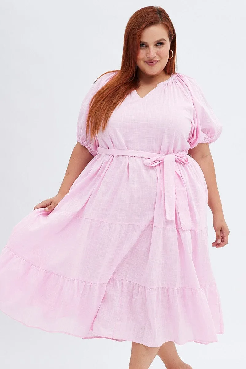 Pink Midi Dress Tiered Notch Collar Belted Coral Glow