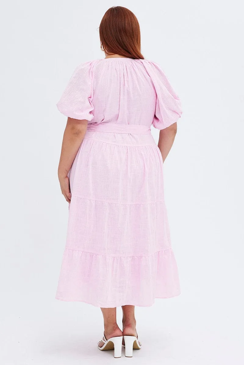 Confident Girl Pink Midi Dress Tiered Notch Collar Belted