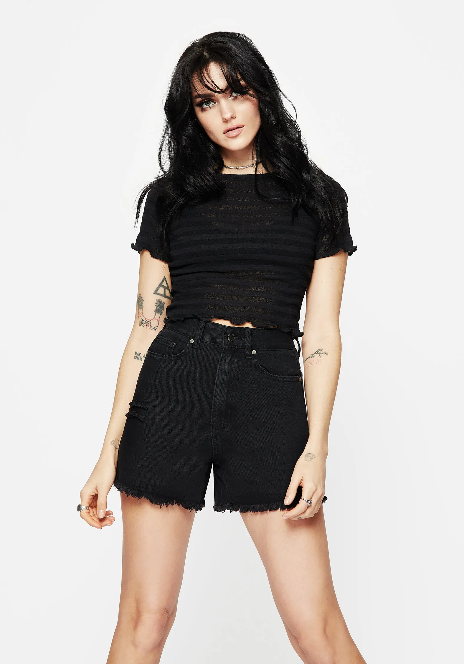 Planchette Embroidered Distressed Denim Shorts Travel Clothing