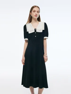 Stretch Patchwork Collar Women Color Block Midi Dress Flattering Fit