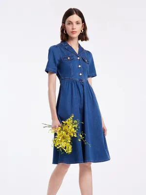 V-neck Gathered Waist Denim Midi Collared Dress Coral Glow