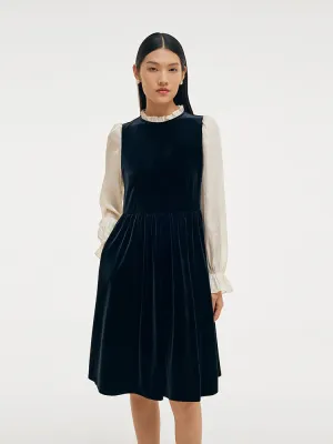 Ruffle Collar Gathered Waist Velvet Women Midi Dress Greek Spirit