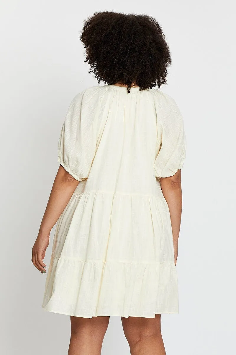 Beige Puff 3/4 Sleeve Textured Cotton Oatmea Layer Dress Work Ready Travel Ready