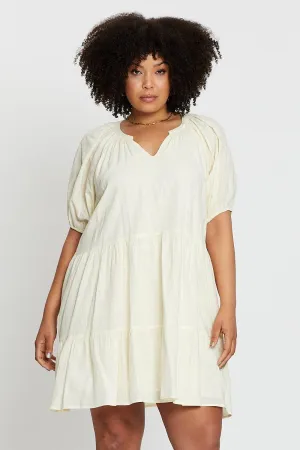 Beige Puff 3/4 Sleeve Textured Cotton Oatmea Layer Dress Urban Girl Soft Grace