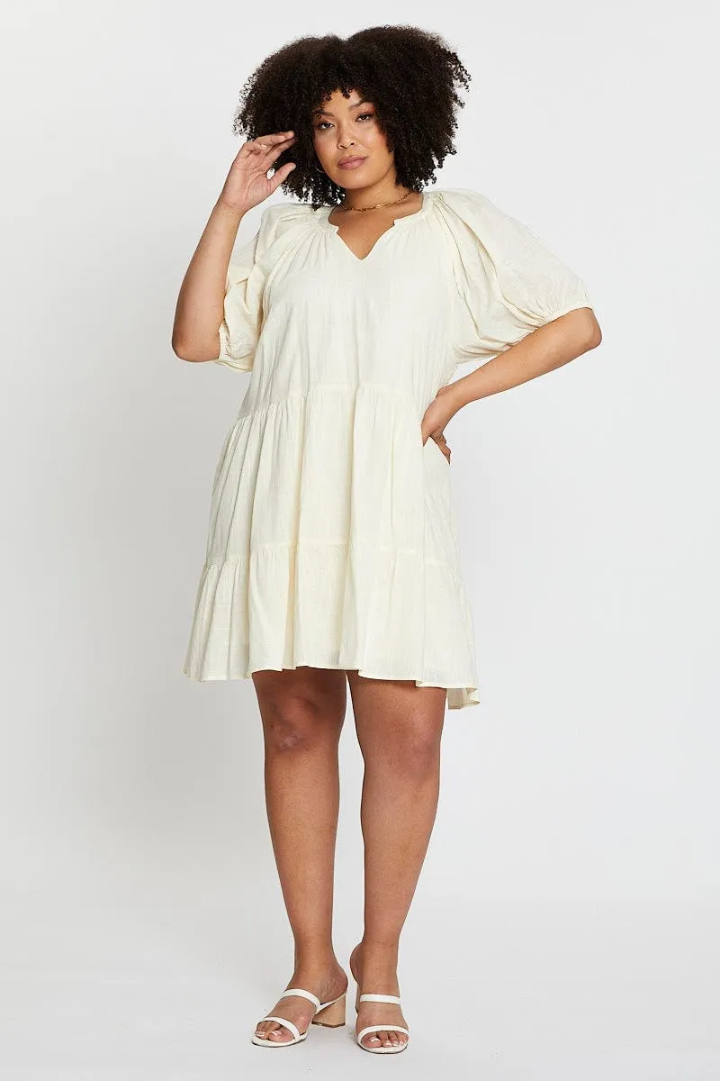 Easy Elegance old town Beige Puff 3/4 Sleeve Textured Cotton Oatmea Layer Dress