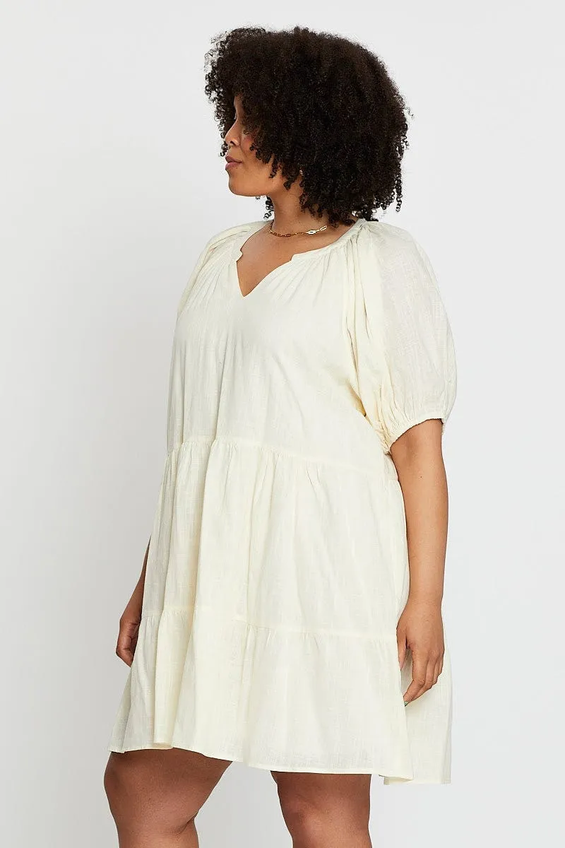 Beige Puff 3/4 Sleeve Textured Cotton Oatmea Layer Dress Seasonal Essentials Modern Muse