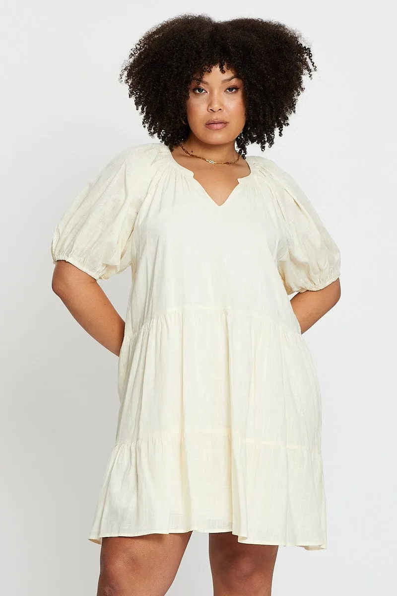Court Yard Beige Puff 3/4 Sleeve Textured Cotton Oatmea Layer Dress