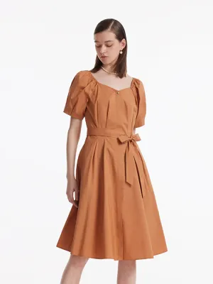 City Mood Elegant fit-and-flare dress Puff Sleeves Square Neck Women Midi Dress With Belt