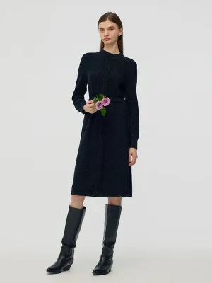 Wool Blend Women Midi Dress With Belt Flattering Silhouettes Wave Touch