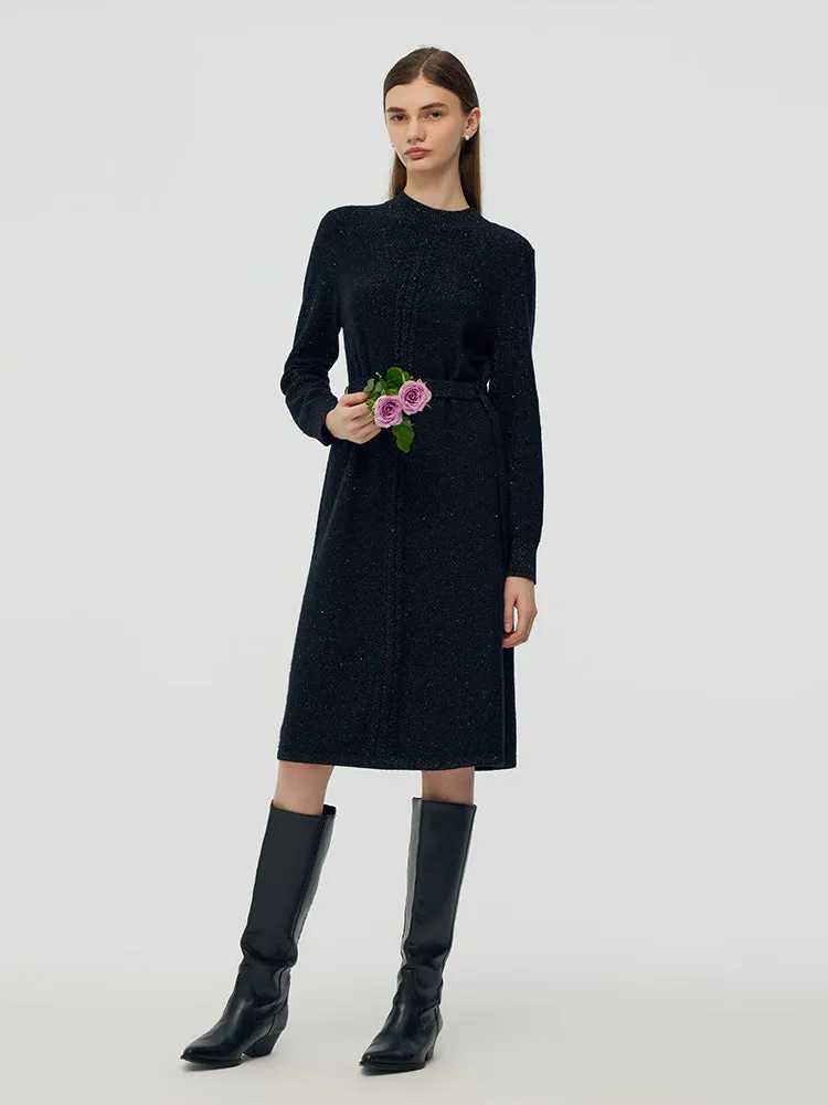 Wool Blend Women Midi Dress With Belt Smart Layer