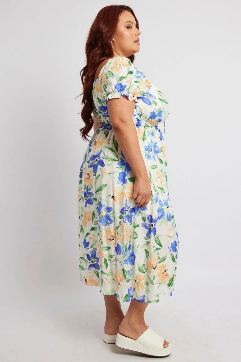 White Floral Midi Dress Short Sleeve Ruched Bust Timeless Look Smart Design